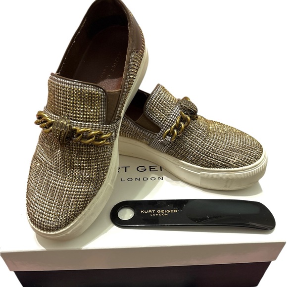Kurt Geiger Metallic Gold and Brown Slip-On Sneakers - Picture 1 of 4
